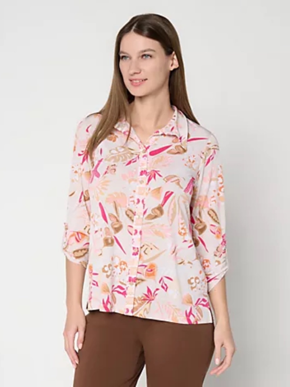 Susan Graver Printed Liquid Knit Button Front Top, Multi Sz S a728299